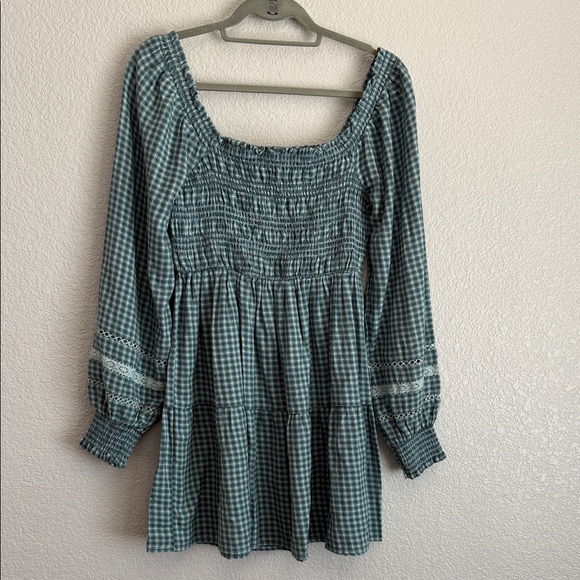 American Eagle Outfitters Teal Gingham Long Sleeve Dress Size Small - Picture 1 of 7